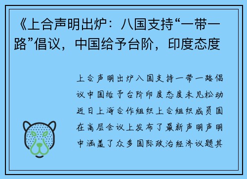 《上合声明出炉：八国支持“一带一路”倡议，中国给予台阶，印度态度未见松动》